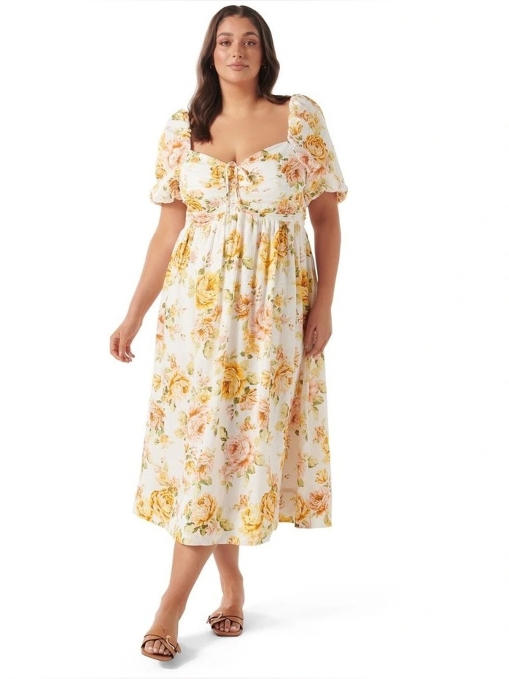 100% Linen Forever New Curve Destiny Ruched Midi Dress White Floral US 12